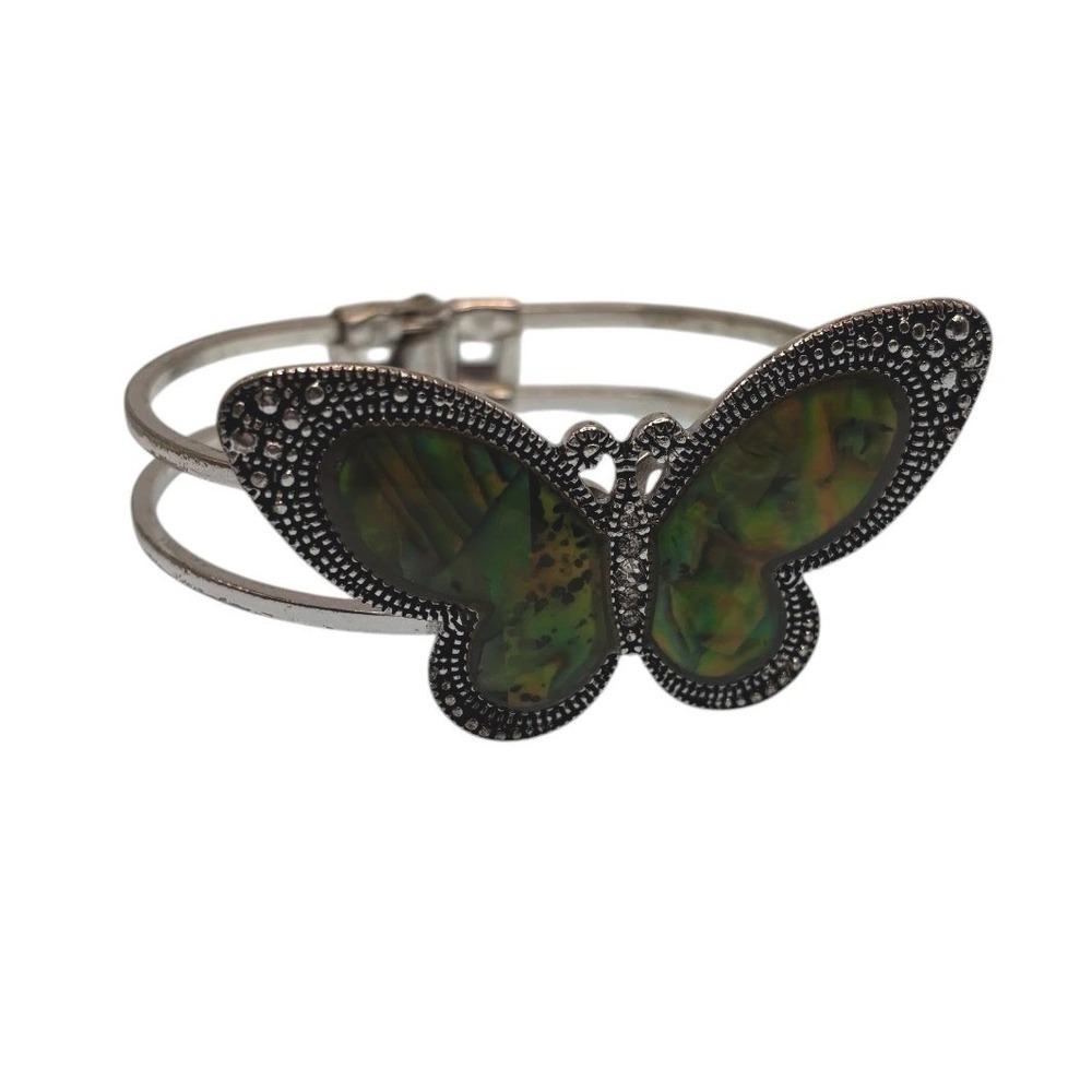 Butterfly Bracelet Hinged Cuff Green Faux Abalone Silver Tone Marcasite Style